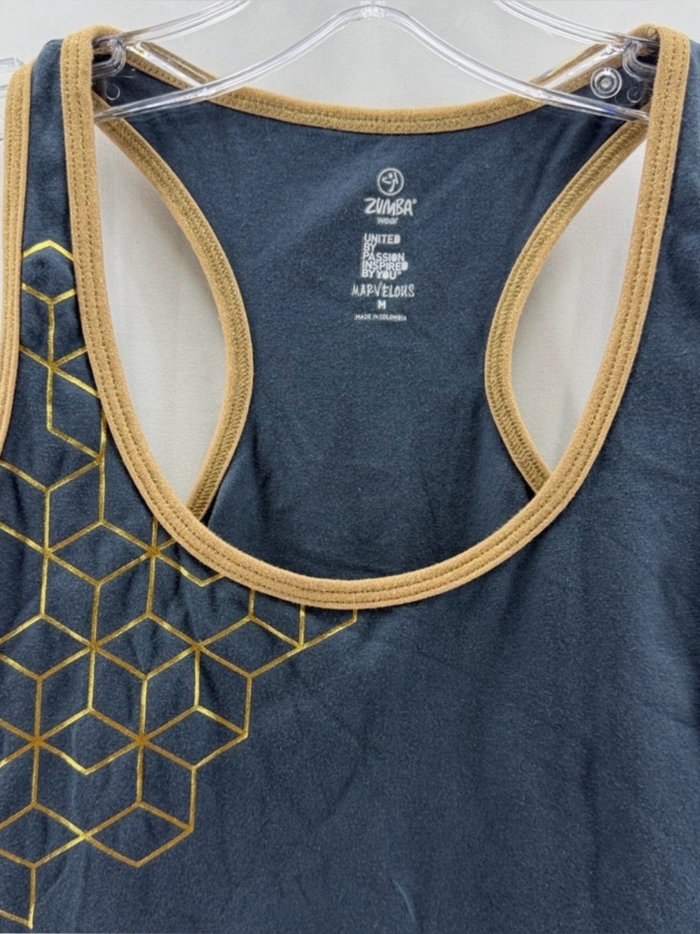 Zumba Wear Grey Racerback Tank with Gold Trim Size Medium - Picture 2 of 6